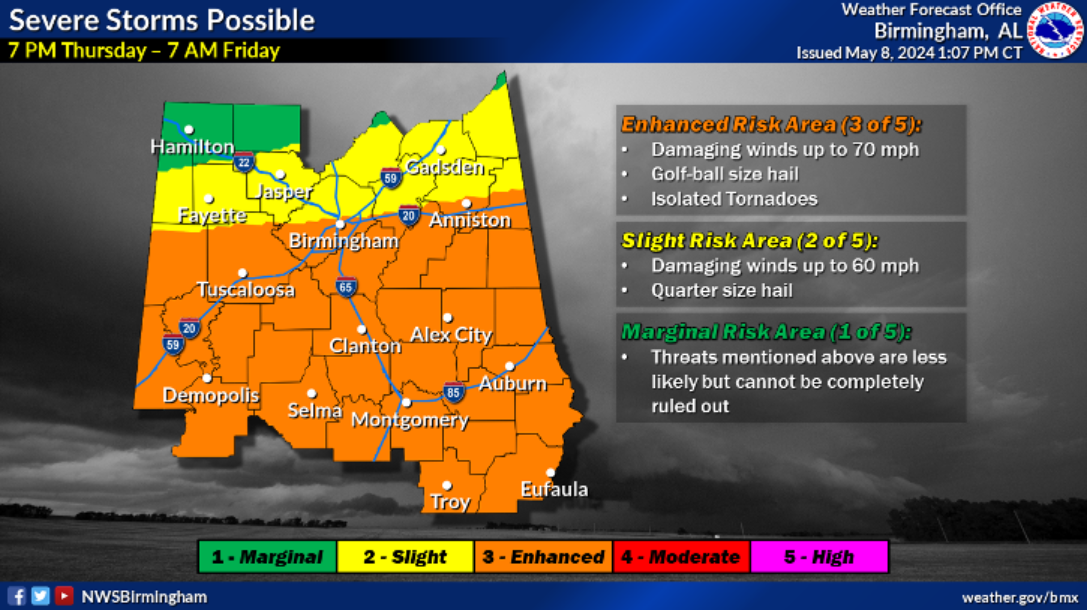 A map of Alabama showing Tuscaloosa County in an enhanced risk of severe weather from 7 p.m. Thursday, May 9 to 7 a.m. Friday, May 10.